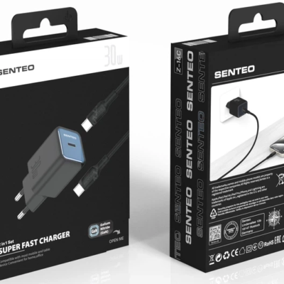 МЗП 1Port SENTEO Z-16C USB-C PD 30W Type-C to Type-C (CE сертифікат) (black)